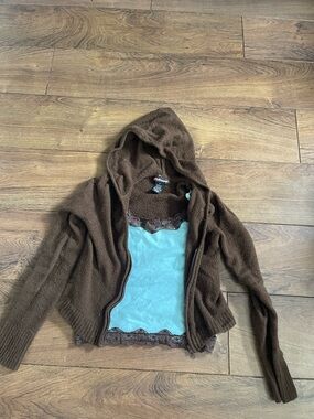 Takeout Brown Hooded Cardigan with Turquoise Trim